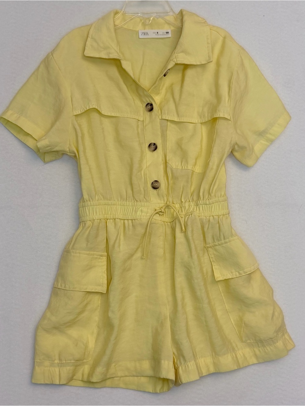 Zara Girls Size 8 Yellow Utility Shorts Romper Modal Button Front Cargo Pockets